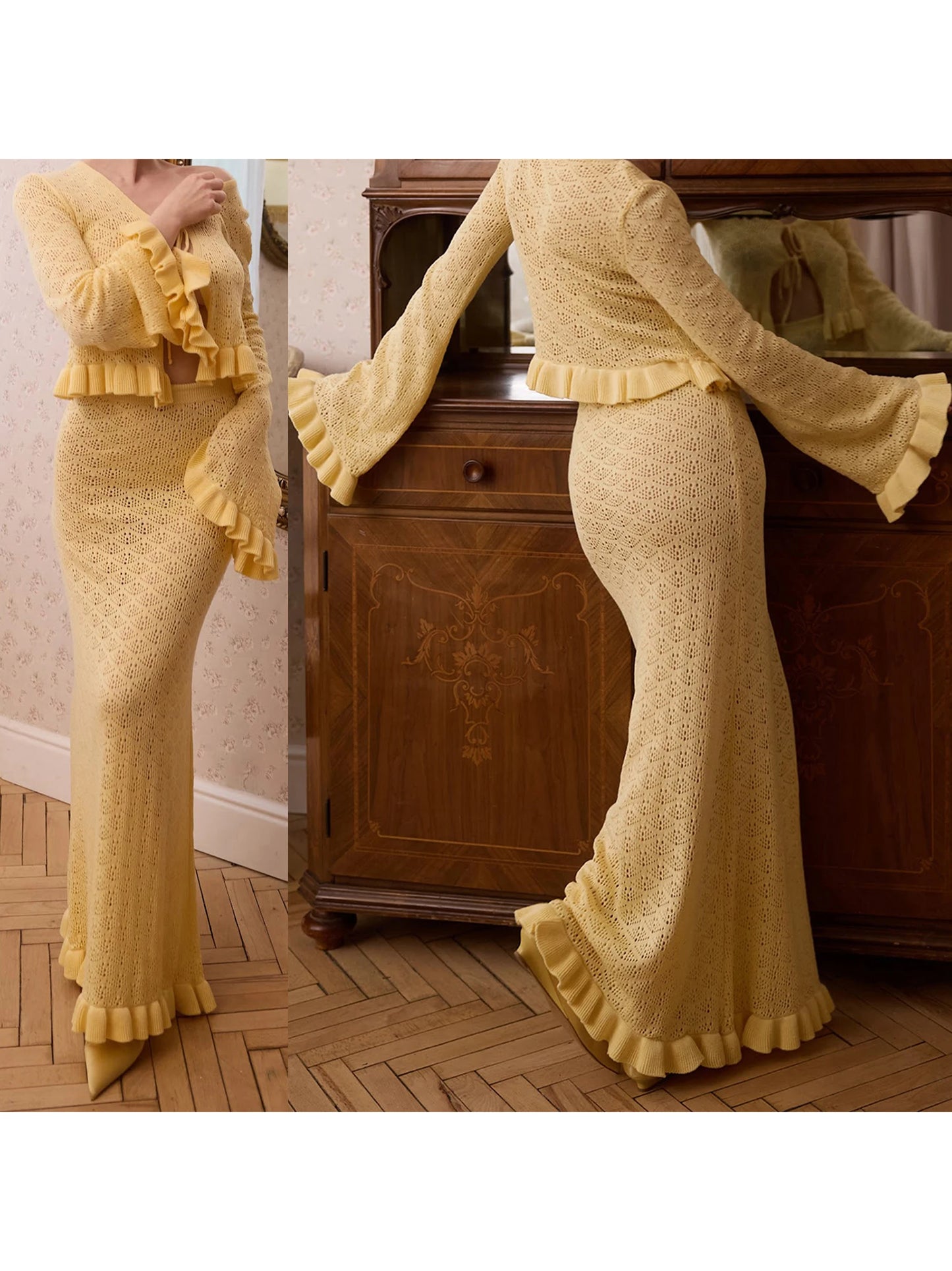 Women s Two Piece Outfit Stylish Long Sleeve Tie Front Top with Ruffled Bodycon Skirt Set for a Chic Look