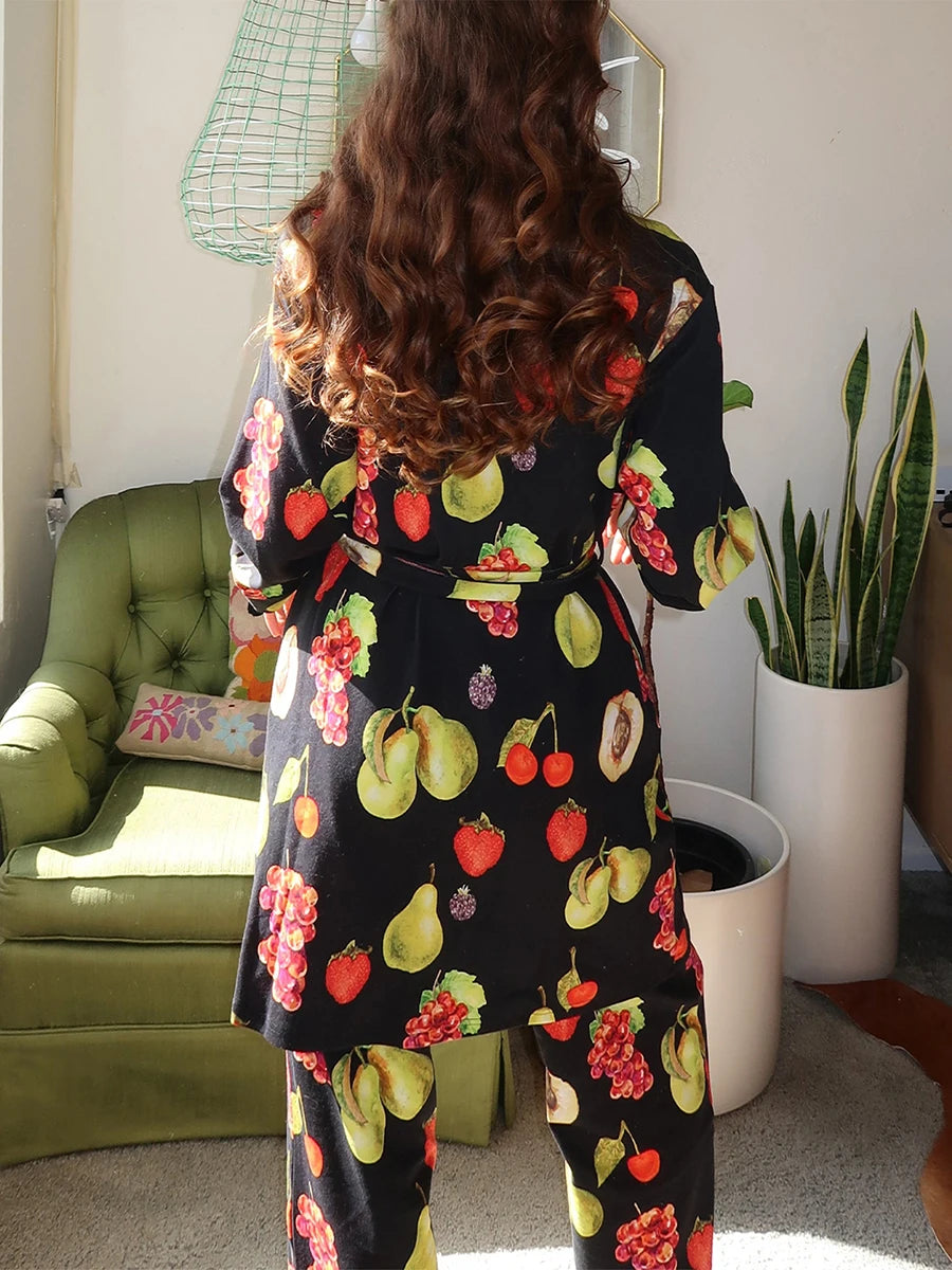 Women’s 2 Piece Weekend Pajama Set Long Sleeve Fruit Cartoon Print Robe Pants Set Loungewear