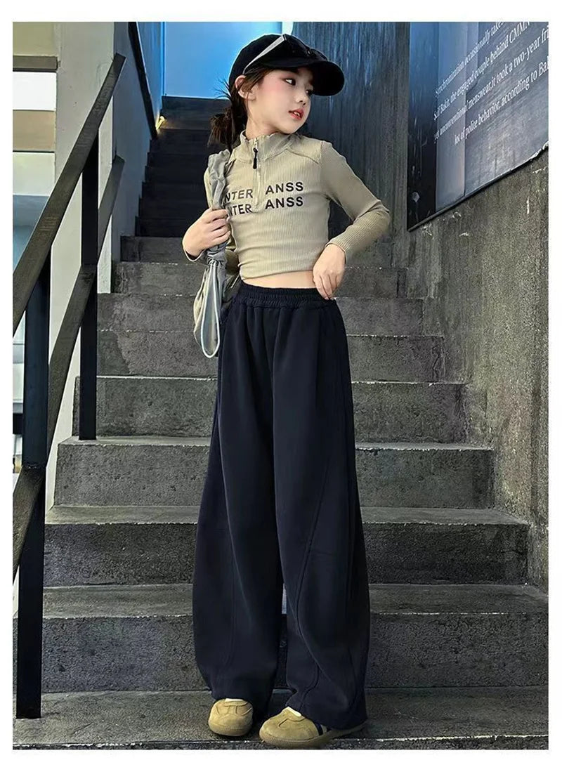 Girls Warm Wide Leg Pants Winter Kids Thick Fleece Lined Trousers Autumn Fashionable Drawstring Sweatpants Children Casual Pants