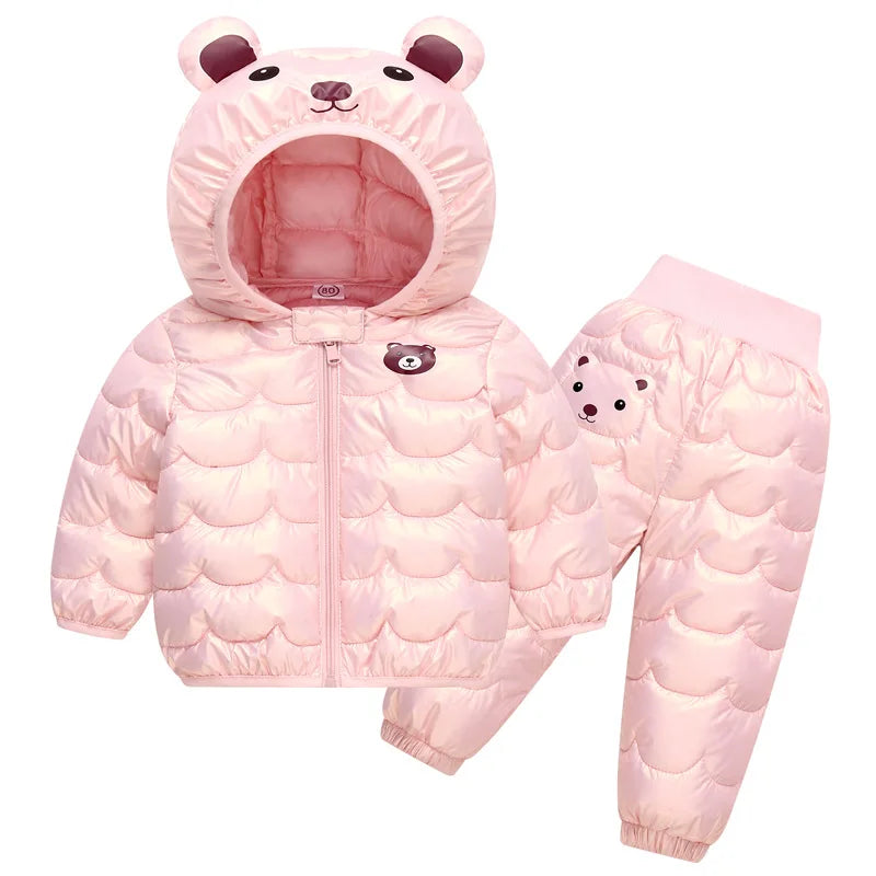 2023 New Children's Winter Set Boys and Girls' Down Coat Cartoon Bear Hooded Coat+Pants Baby Snow Thickened Warm Set 0-5Y