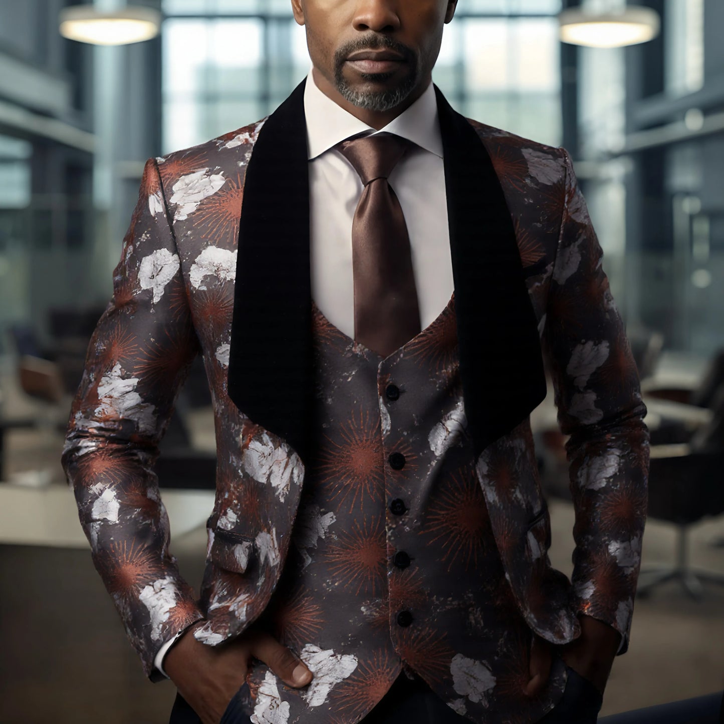 Men's three-piece suit set in regular cut and pattern, including patterned suit jacket, vest, and pants for banquet wear