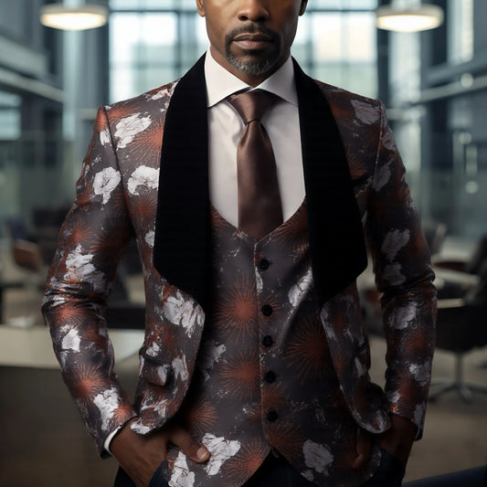 Men's three-piece suit set in regular cut and pattern, including patterned suit jacket, vest, and pants for banquet wear