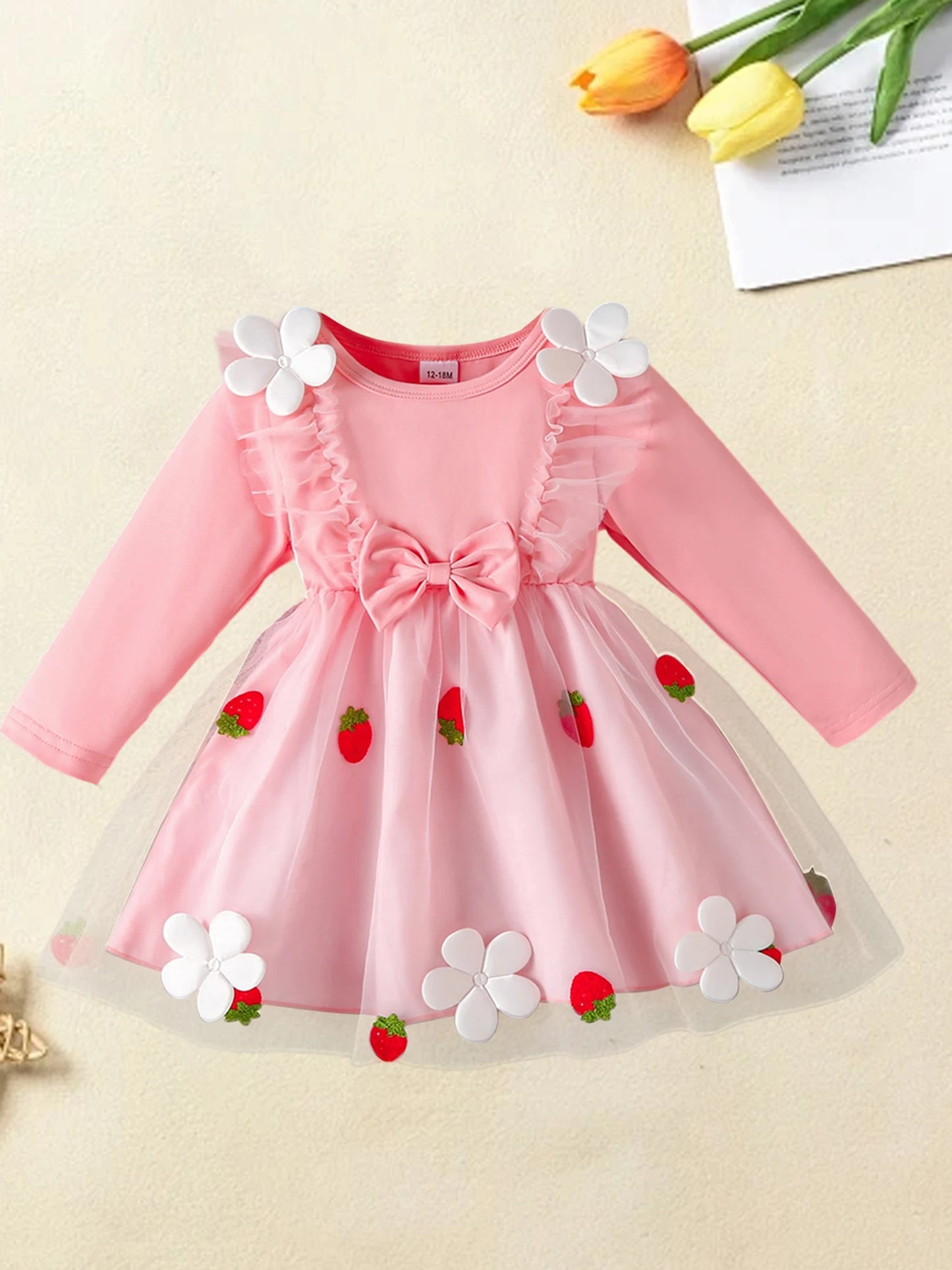 Infant Girls Long Sleeve Crew Neck Dress with Strawberry Embroidery Floral Bow Detail and Tutu Skirt