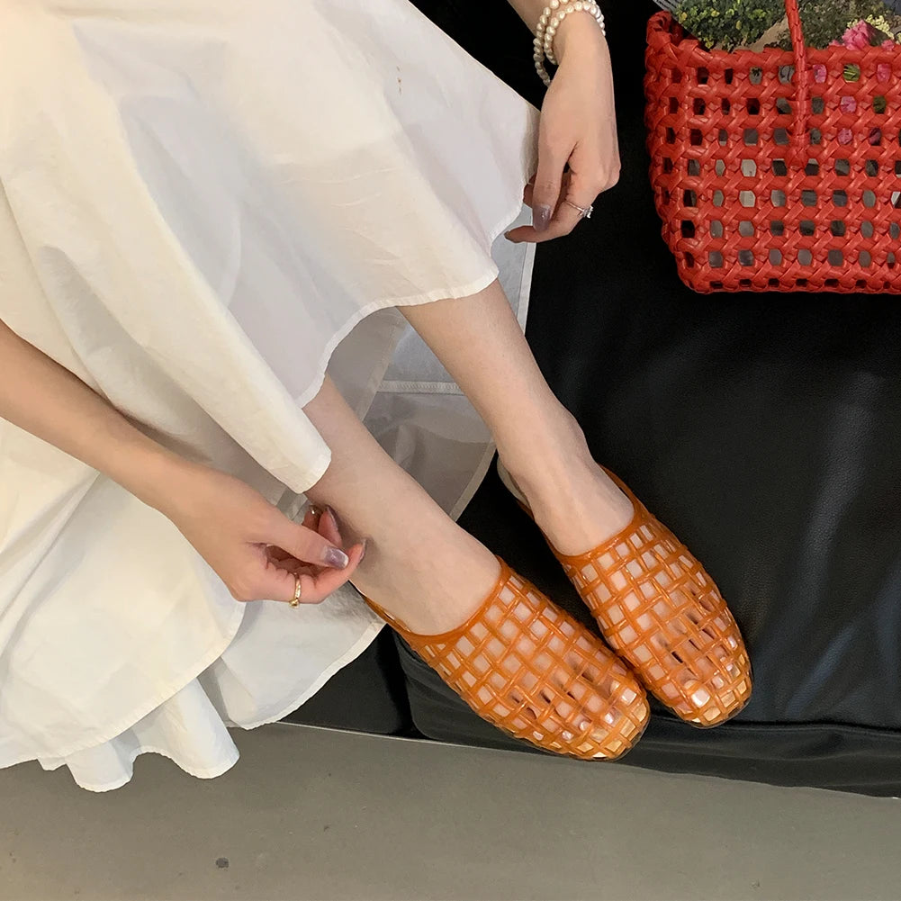 Women Jelly Flats Fashion Slip-On Flats Lightweight Hollow Out Ballet Flats Breathable Casual Flat Sandals for Outdoor Travel