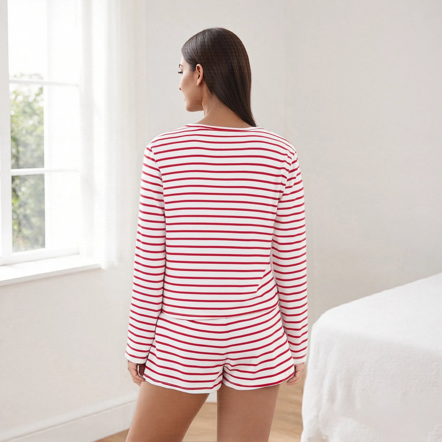 Women s Summer Fashion Stylish Striped Long Sleeve Crew Neck Top and Shorts Set for a Casual and Loose Fit Outfit