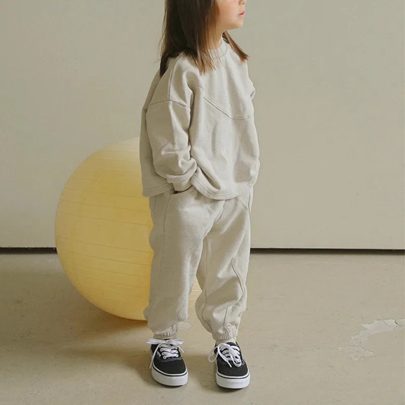 2025 Winter New Children Plus Velvet Thick Clothes Set Solid Boys Girls Fleece Sweatshirt + Pants 2pcs Suit Kids Warm Outfits