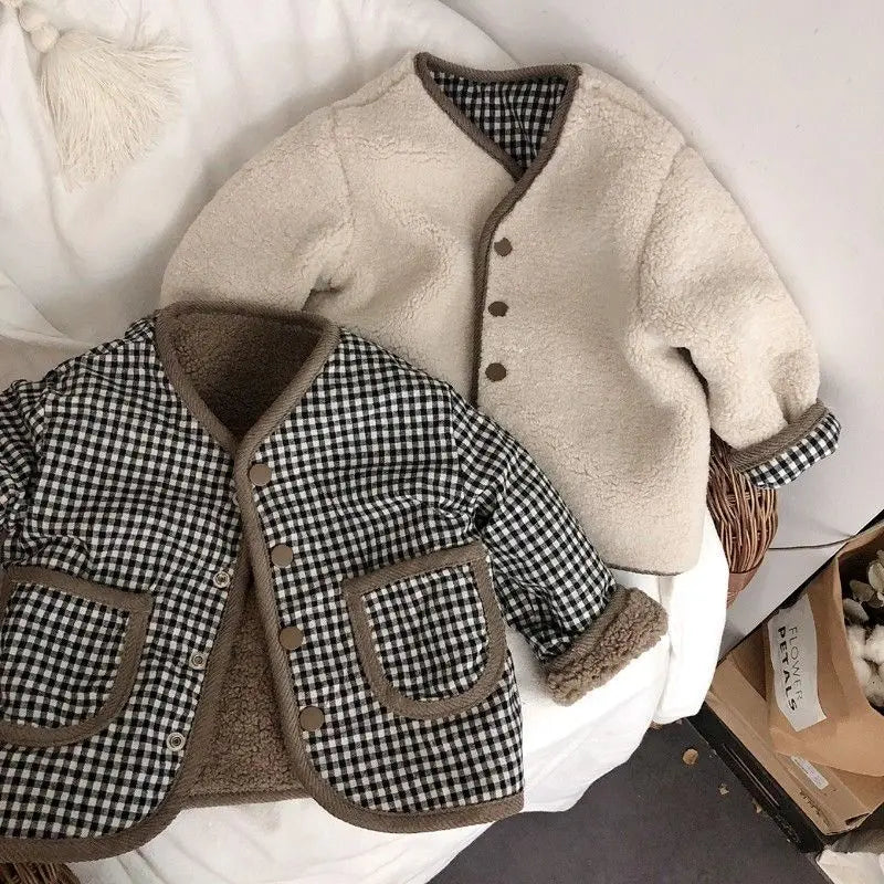 0-6 Years Children's Autumn Winter Warm Double-Side Wear Jacket Girls Fashion Plaid Plush Coat Boys Thicken Outerwear