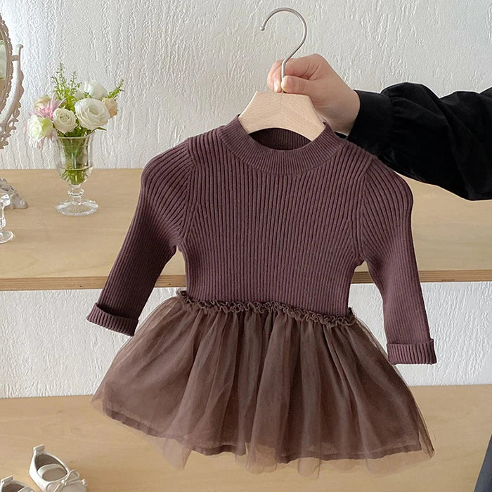 2025 New Autumn European American Style 1-6Yrs Baby Girl Party Dress Long Sleeved Knitted Mesh Splicing Kids Princess Dresses