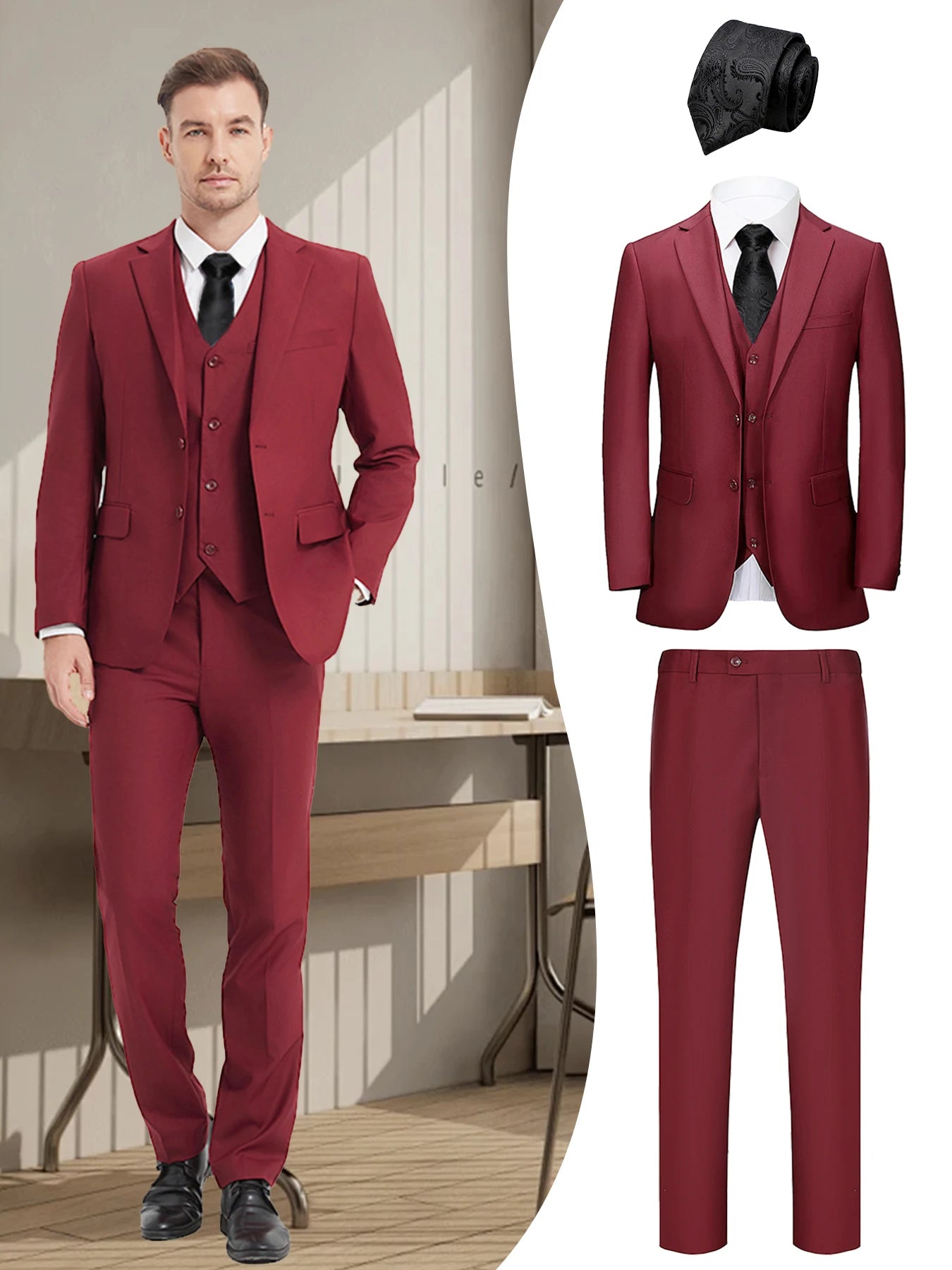 Men's 4-Piece Suit: Jacket+Vest+Pants+Black Tie. V-Neck, Gentleman Style, Premium, Tailored. For Business, Parties, Weddings.