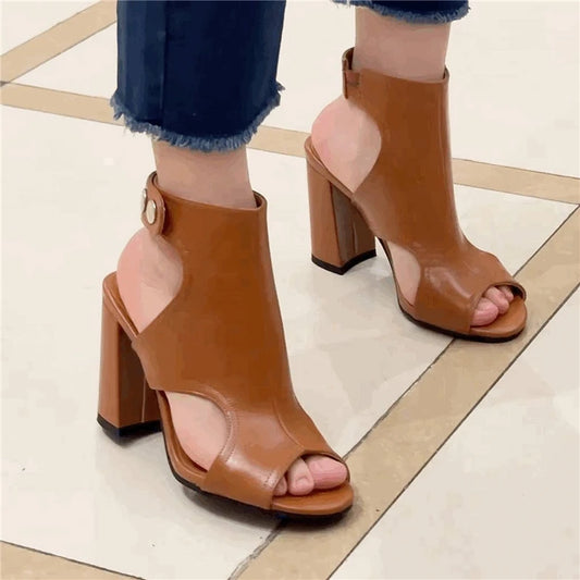 Meotina Women Ankle Strap Sandals Peep Toe Chunky High Heels Sexy Brand Design Ladies Fashion Shoes Summer Brown White Black 46
