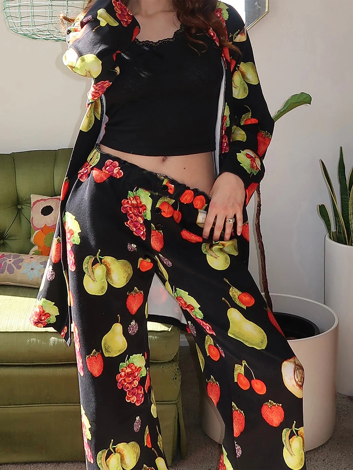 Women’s 2 Piece Weekend Pajama Set Long Sleeve Fruit Cartoon Print Robe Pants Set Loungewear