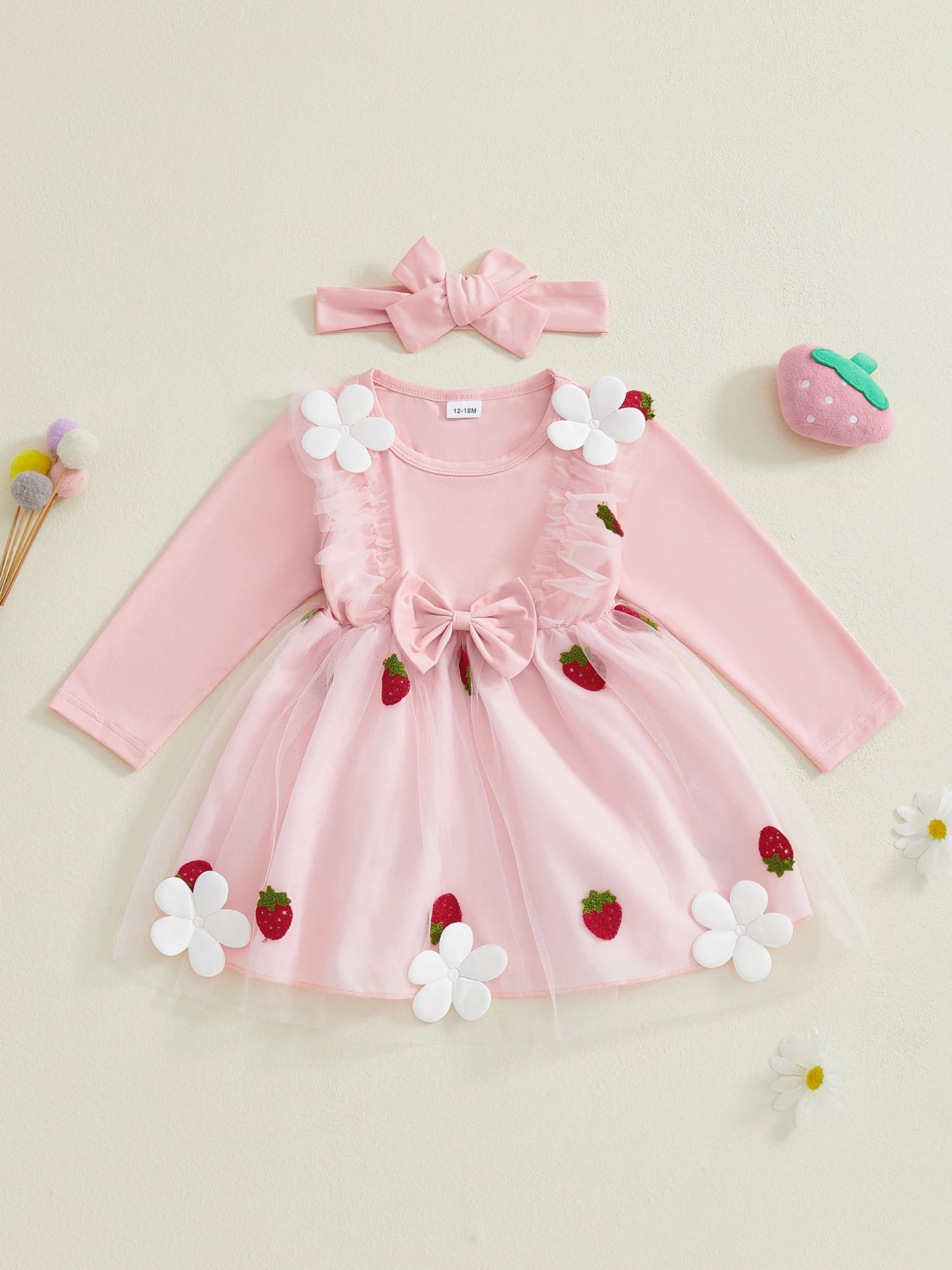 Infant Girls Long Sleeve Crew Neck Dress with Strawberry Embroidery Floral Bow Detail and Tutu Skirt