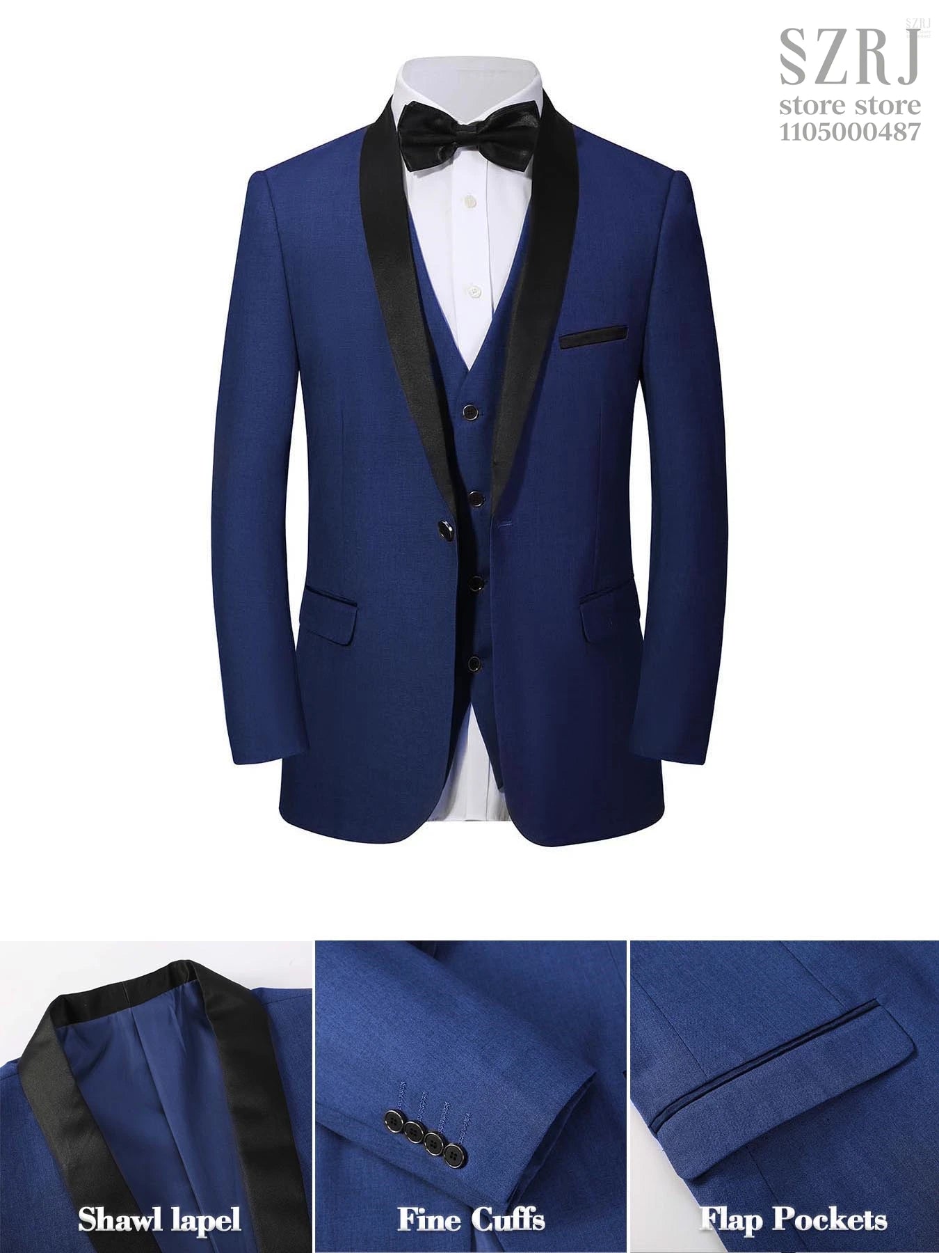 4pcs Men's Suit: Blazer, Vest, Pants, Black Tie.  One Button, Plain Color Tuxedo. Regular Fit. For Wedding, Groomsman Attire.