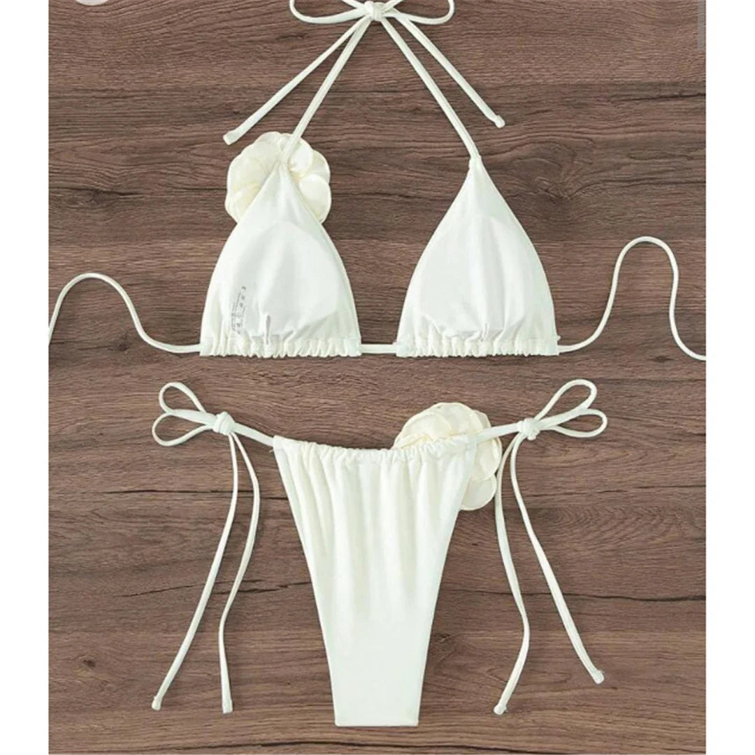 Sexy Flower Bandeau Swimwear Thong Bikini 2025 Women Lace-up Swimsuits Swimming Bathing Suit Brazilian Bikinis Set Mujer Biquini