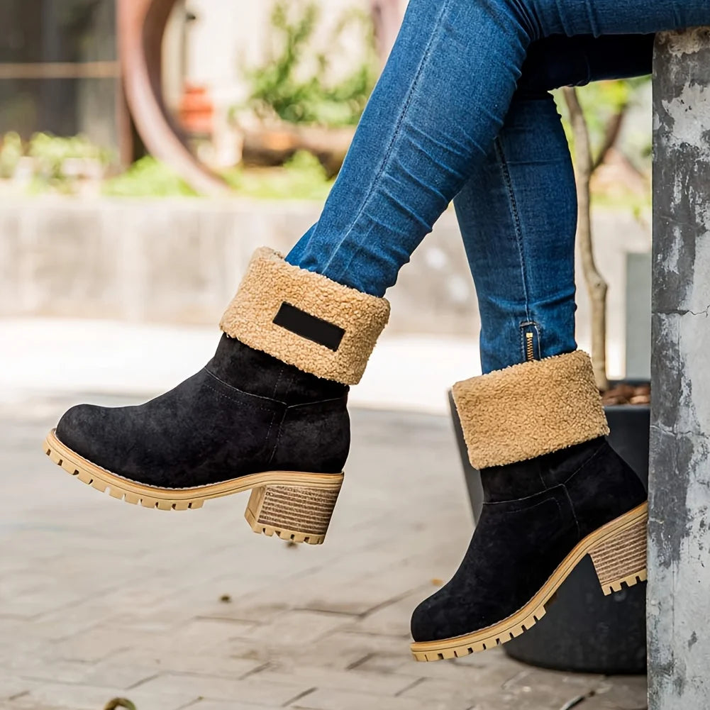 Winter Faux Fur Snow Boots For Women Platform Block Chunky Heels Pull On Comfortable Outdoor Suede Warm Boots