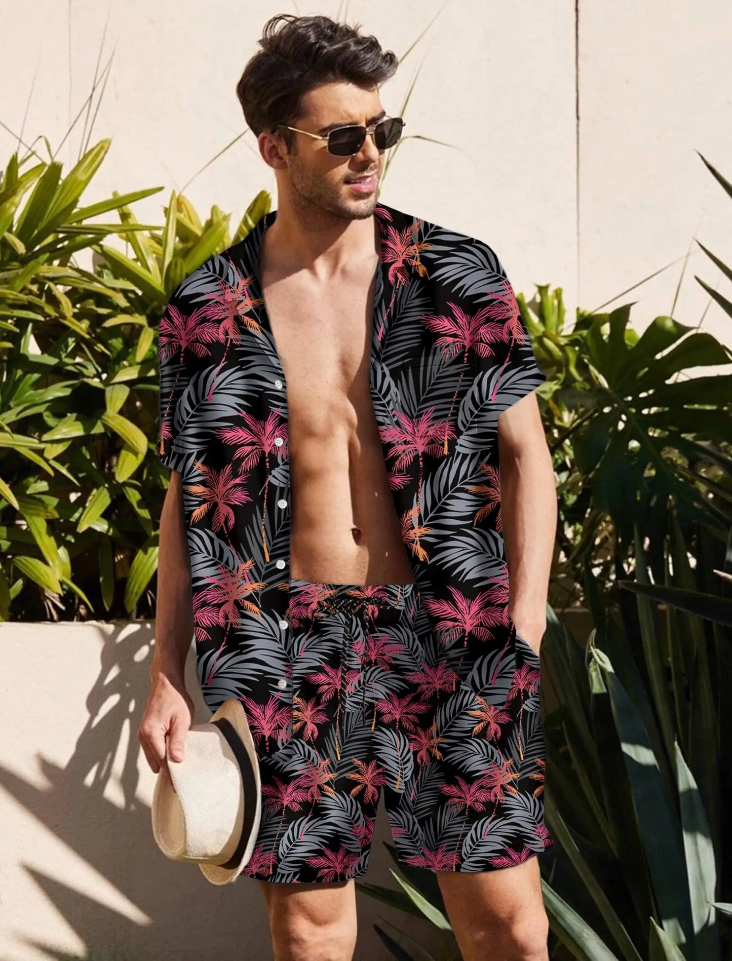 KYKU Mens Hawaiian Shirt and Short Set - Summer Short Sleeve Button Down Beach Shirts Tropical Vacation 2 Piece Outfits