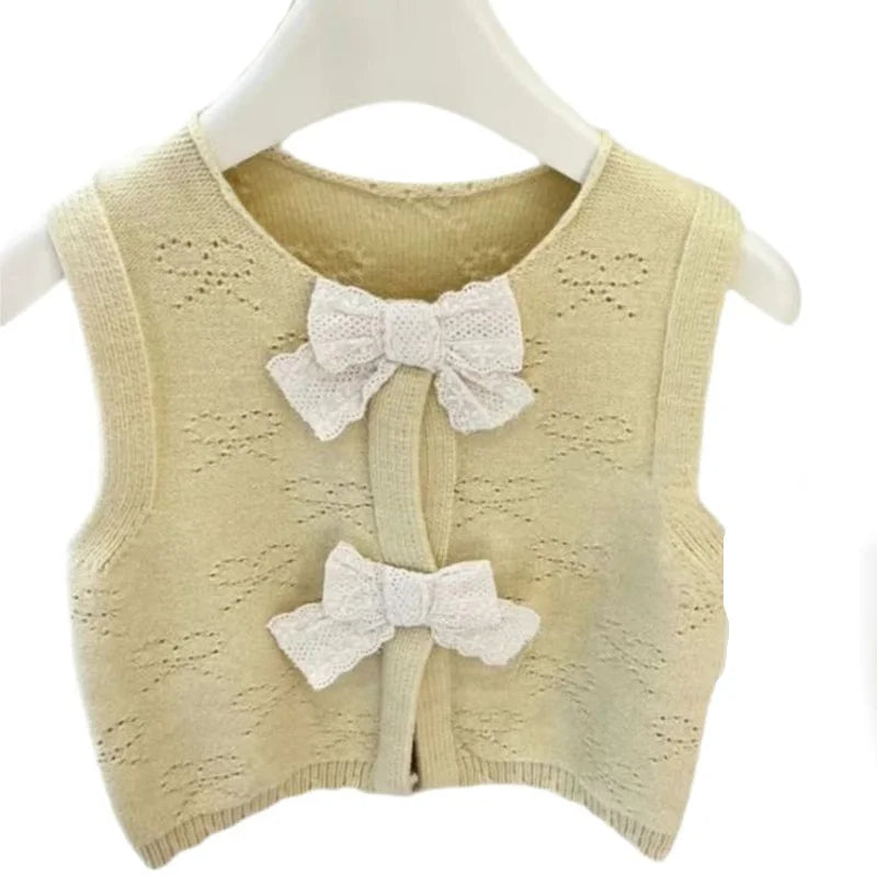 New Princess Trend Front Butterfly-knot Thin Knit Vest Sweater Super Nice Round Neck Sleeveless Girl Waistcoat Chic Tops IY06161