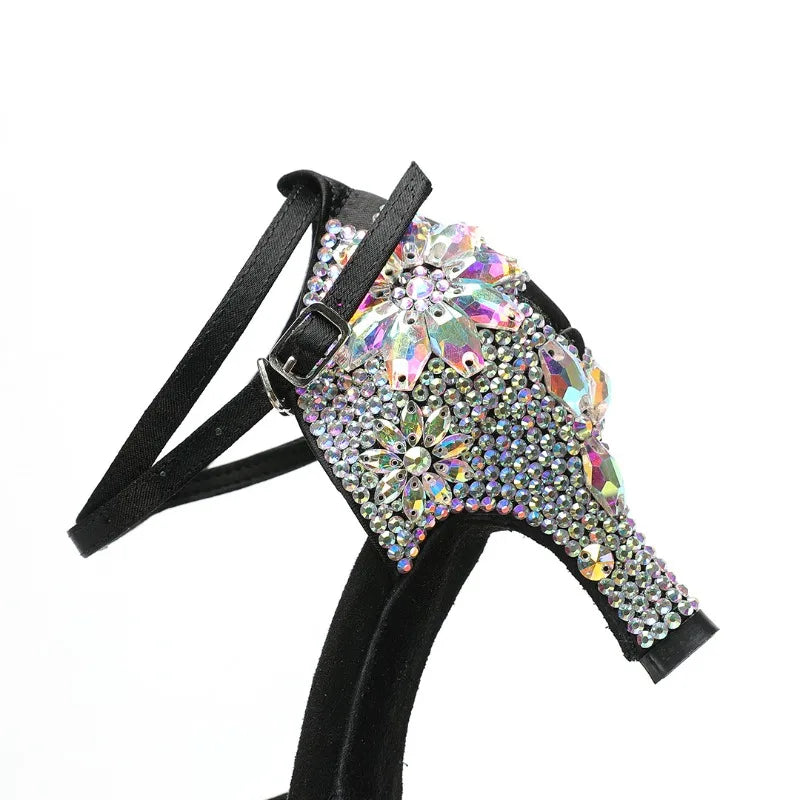 New Diamond Studded Satin High Heels Dance Shoes Fashion Black Brown Crystal Rhinestone Sparkling Latin Dance Performance Shoes