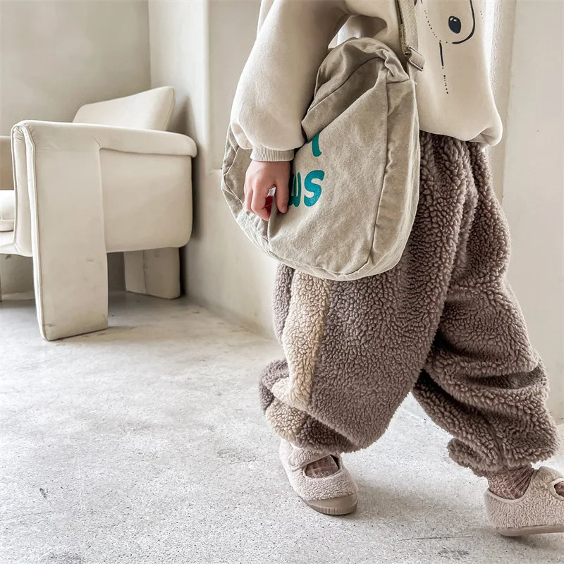 2025 Winter New Children Warm Trousers Baby Loose Lamb Fleece Pants Toddler Girls Casual Pants Solid Baby Boys Harem Pants