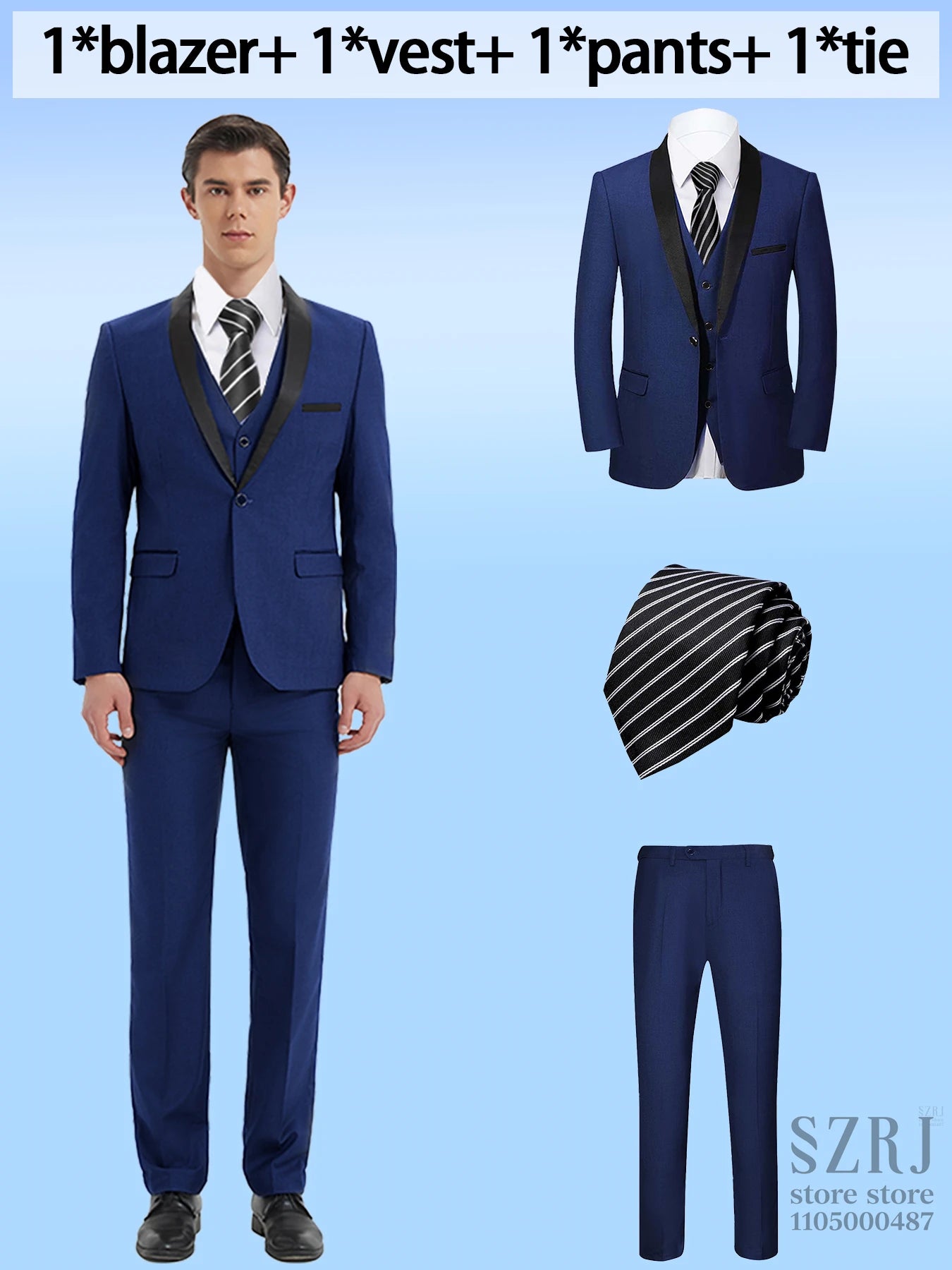 4pcs Men's Suit: Blazer, Vest, Pants, Black Tie.  One Button, Plain Color Tuxedo. Regular Fit. For Wedding, Groomsman Attire.