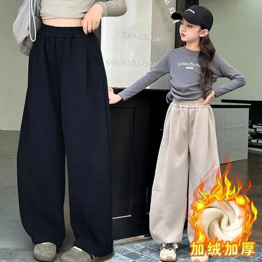 Girls Warm Wide Leg Pants Winter Kids Thick Fleece Lined Trousers Autumn Fashionable Drawstring Sweatpants Children Casual Pants