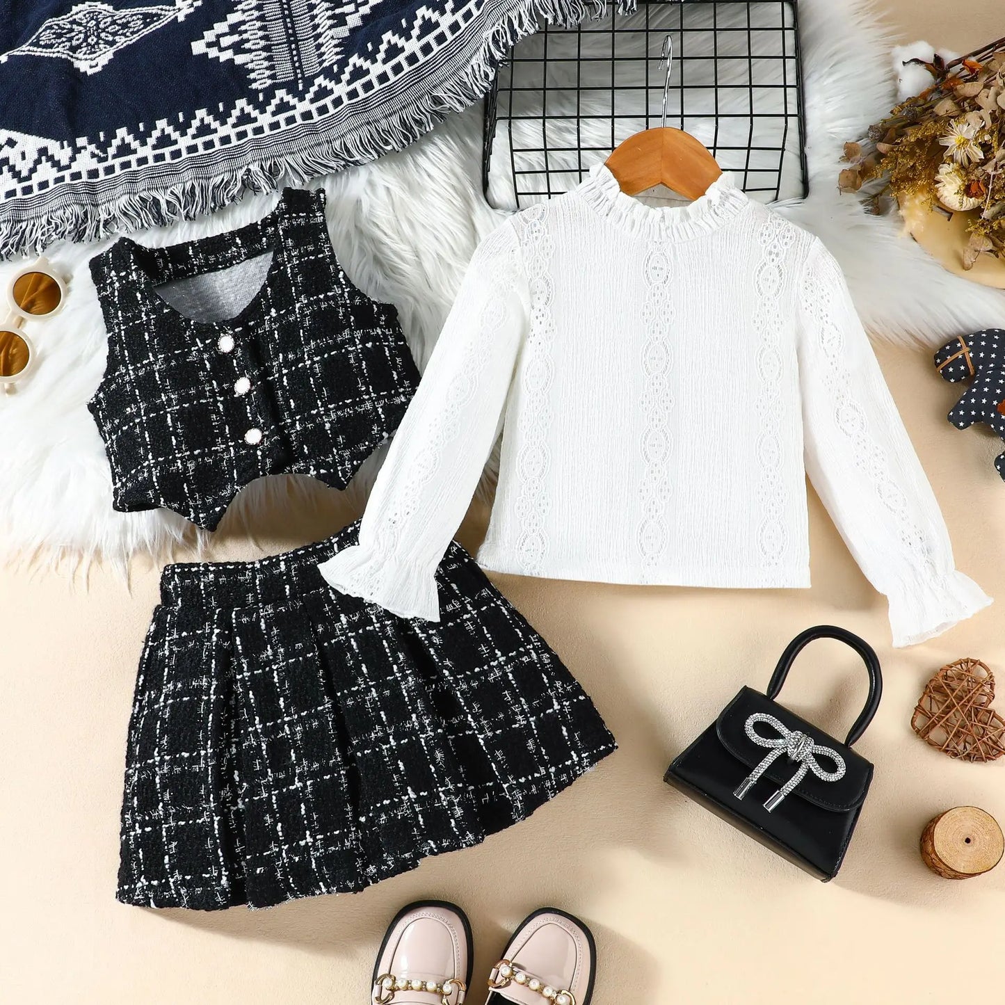 Baby Girl Spring and Autumn High Neck Long sleeved Dress 3 Pcs Set Vest+Base Coat+Short Skirt Children Clothing Age For 2-7 Year