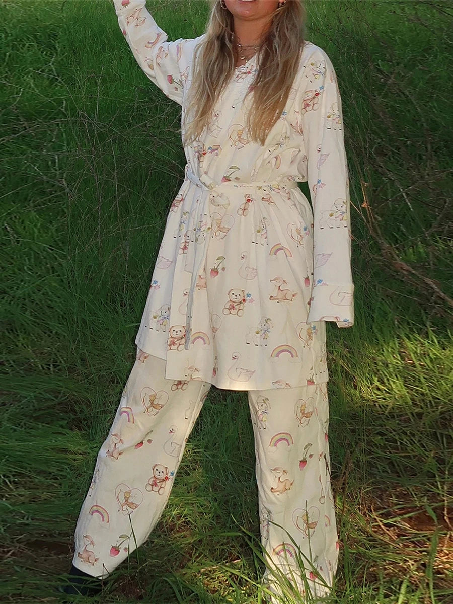 Women’s 2 Piece Weekend Pajama Set Long Sleeve Fruit Cartoon Print Robe Pants Set Loungewear