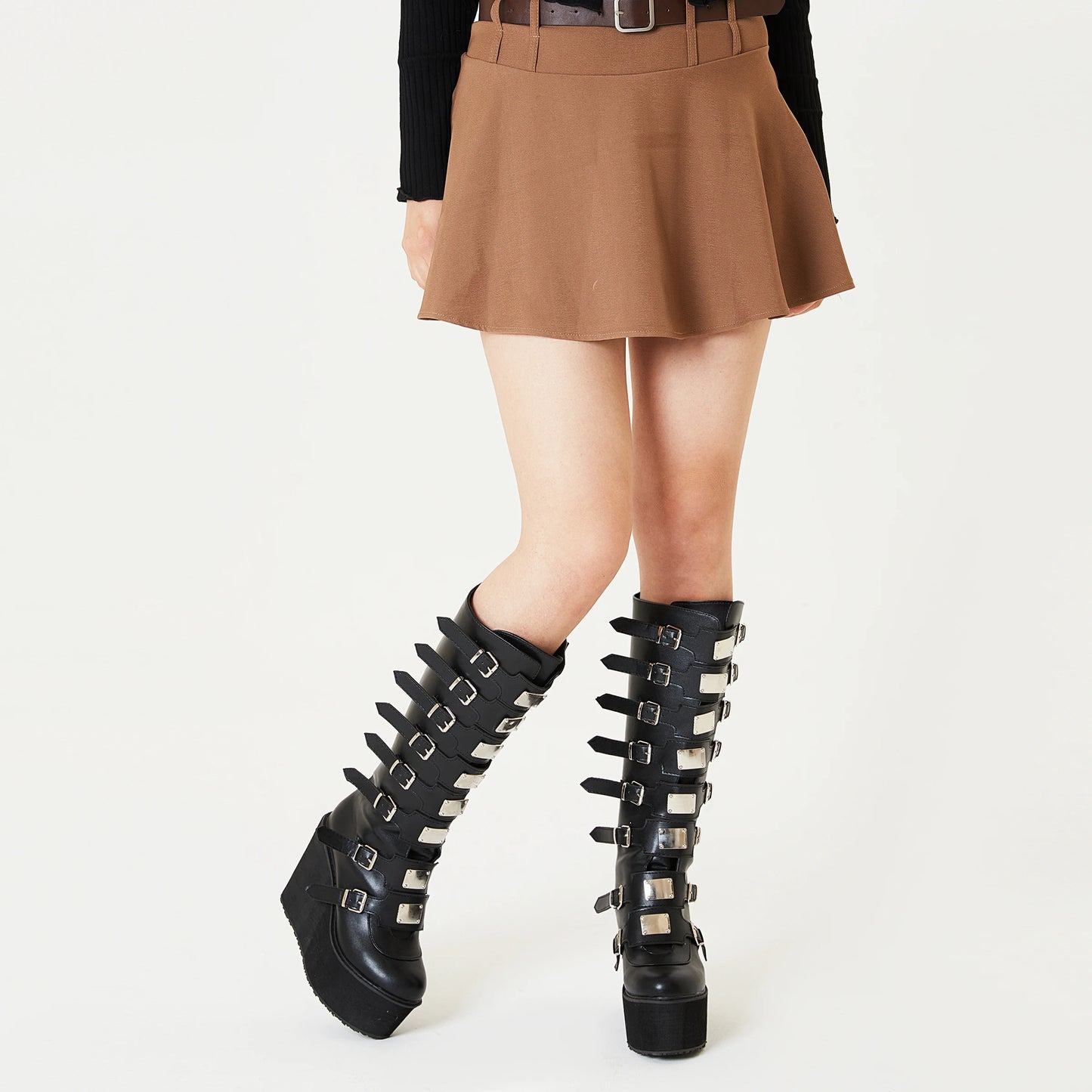 GIGIFOX Women Punk Motorcycle Boots Platform High Wedges Heel Zipper Metal Buckle Mid-Claf Boots Goth Combat Y2K COS Women Shoes