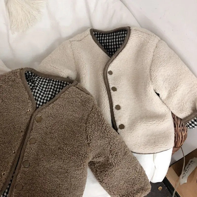 0-6 Years Children's Autumn Winter Warm Double-Side Wear Jacket Girls Fashion Plaid Plush Coat Boys Thicken Outerwear