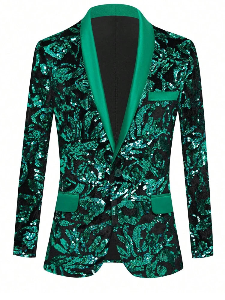 Men's single-breasted velvet tuxedo jacket, patterned suit jacket, single-button shawl lapel evening dress, ball gown, party dre