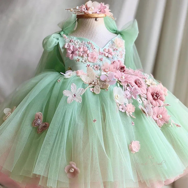 Luxurious and Elegant Flower Girl Princess Dress Mesh Formal Christmas Fluffy Dress Lolita Butterfly Girl Birthday Party Dress