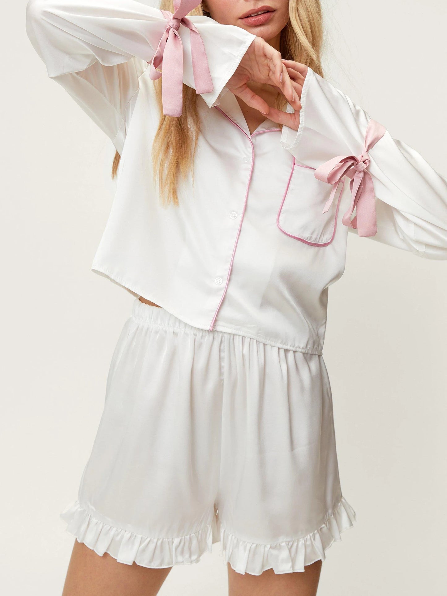 Women Pajama Set Long Sleeve Tie-up Contrast Color Shirt with Shorts Sleepwear Loungewear