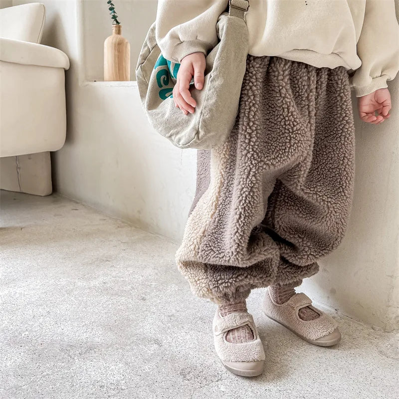 2025 Winter New Children Warm Trousers Baby Loose Lamb Fleece Pants Toddler Girls Casual Pants Solid Baby Boys Harem Pants