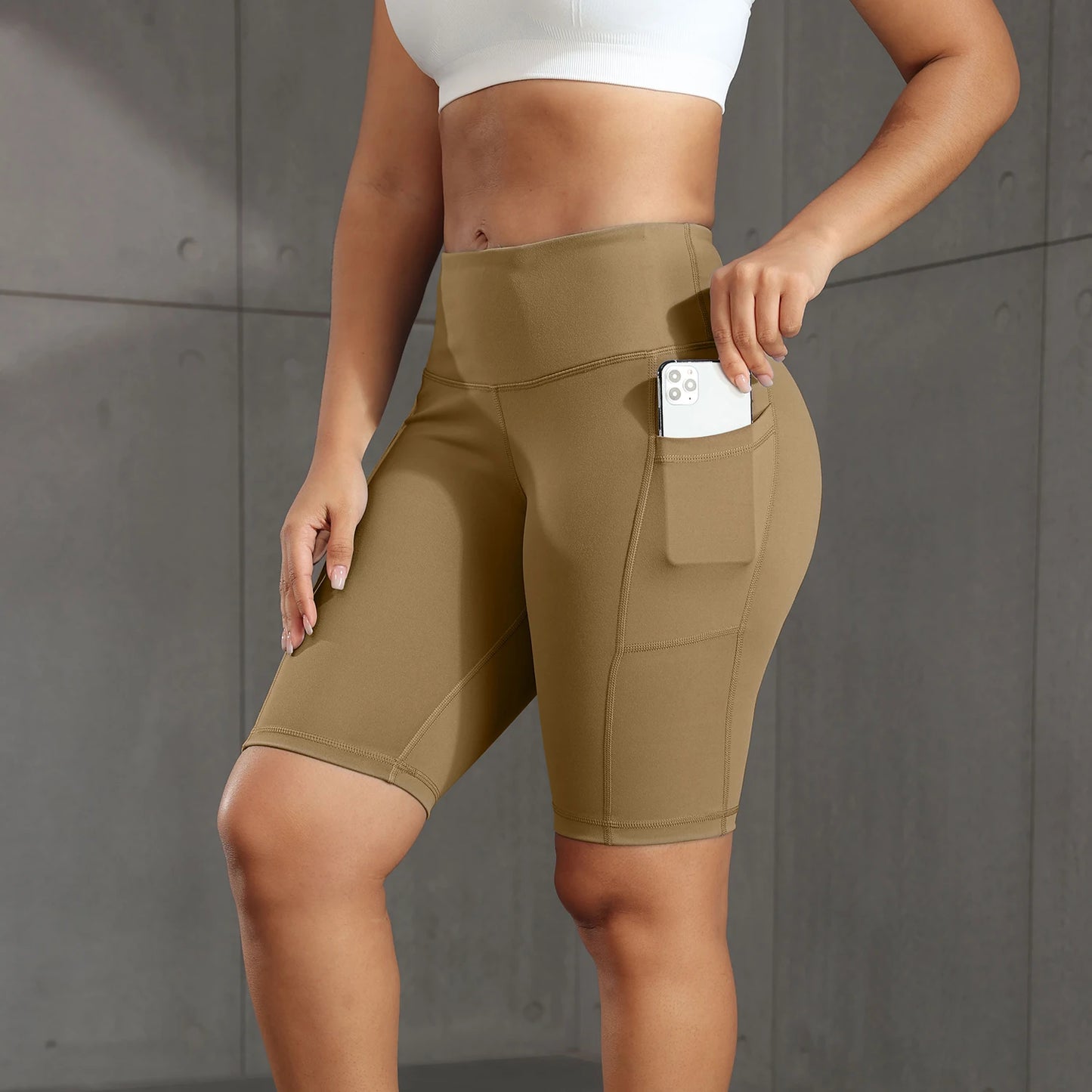 CHRLEISURE Women Solid Yoga Shorts with 3 Pockets High Waist Butt Lifting Workout Tights Gym Elastic Cycling Shorts Activewear