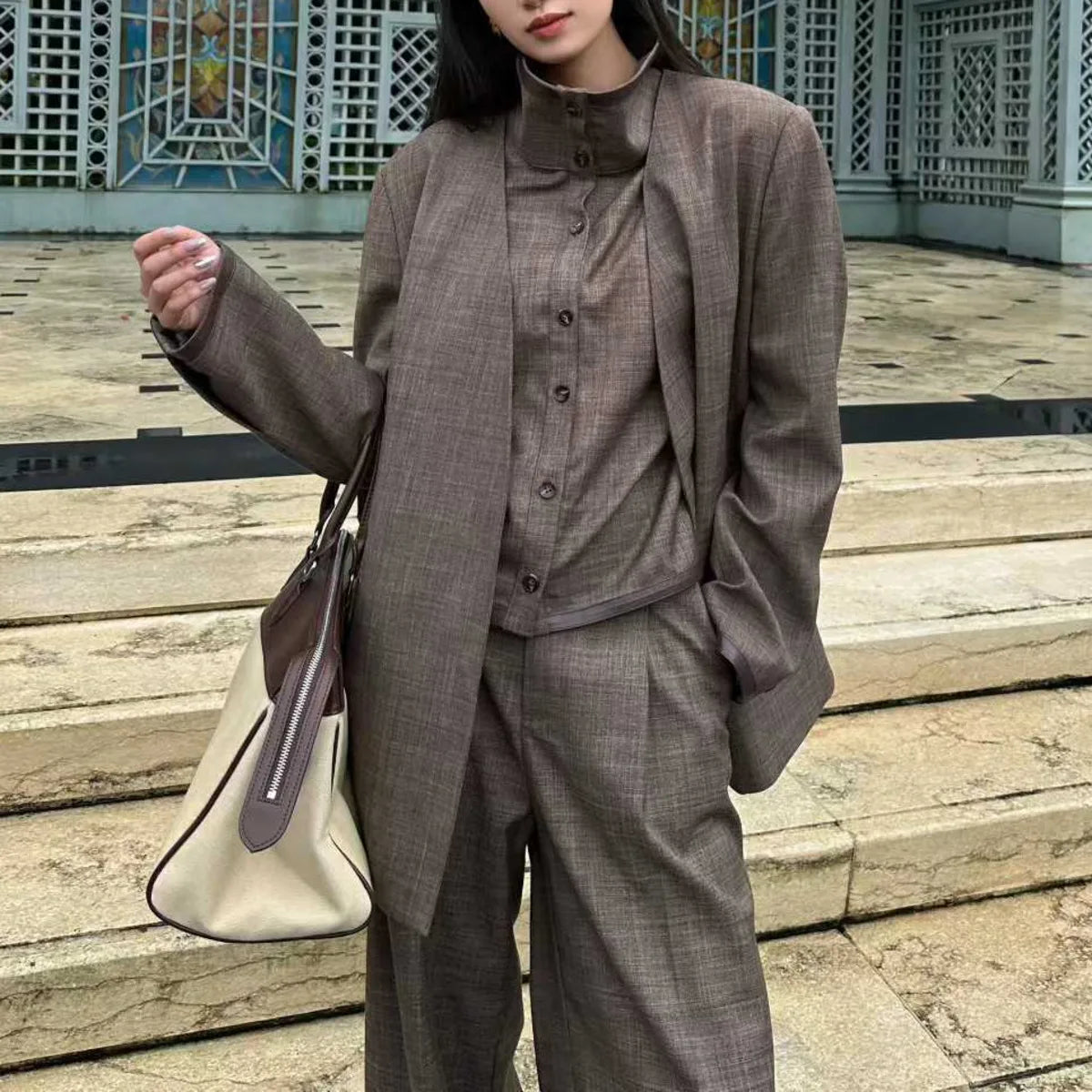 BJTZ Women's 3 Piece Blazer Vest Pants Set Solid Color V Neck Single Breasted High Waist Wide Leg Casual Elegant Spring Autumn