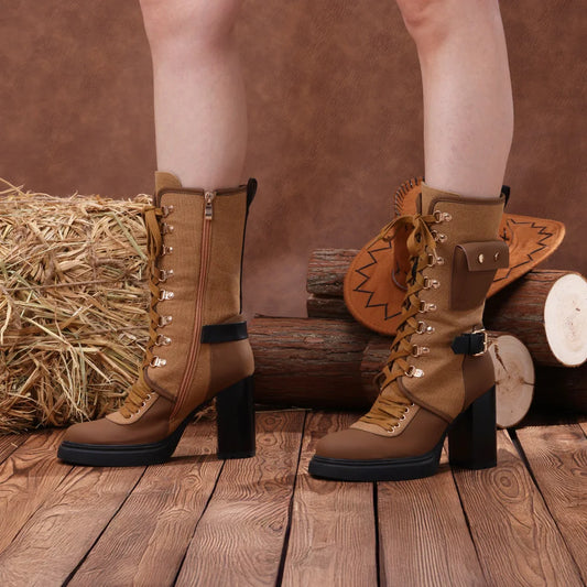 Women's Tall Boots - Broad Strap, Thick Heel, High-Thigh Fit, Combat/Riding Style with Side Zipper
