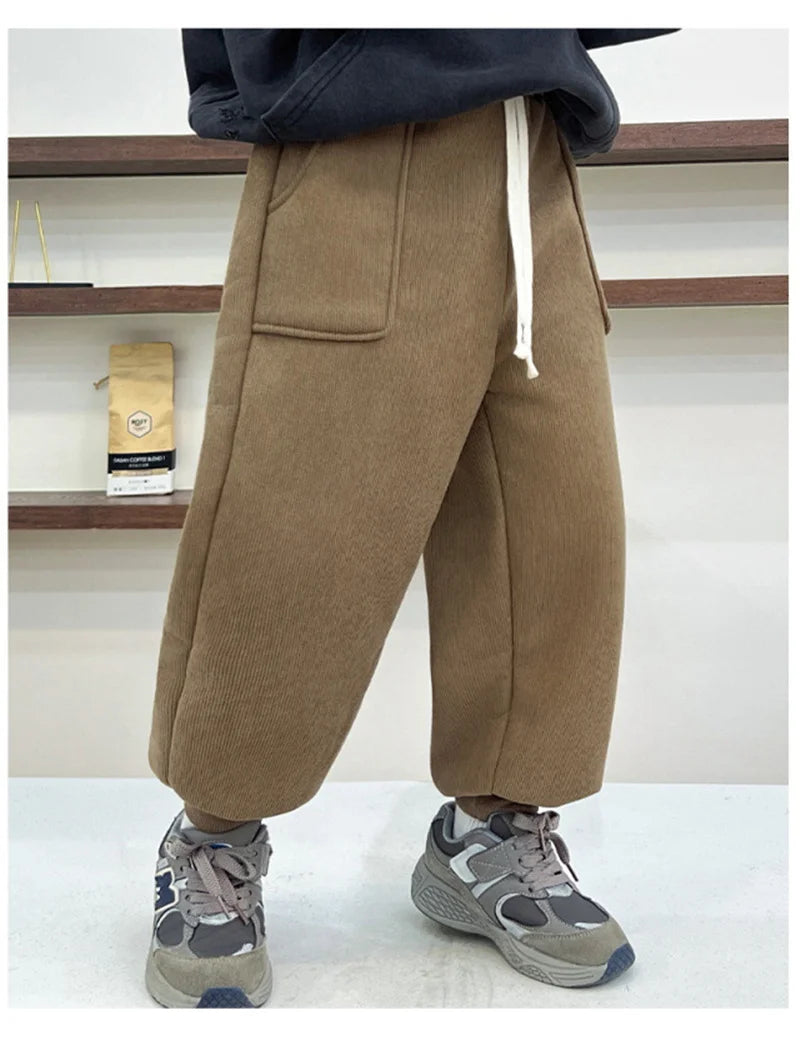 Boys Girls Fleece Line Pants Winter Children Thick Velvet Warm Trousers Autumn New Girls Elastic Solid Casual Sweatpants 2-12Y
