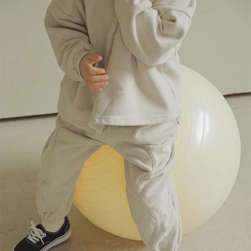 2025 Winter New Children Plus Velvet Thick Clothes Set Solid Boys Girls Fleece Sweatshirt + Pants 2pcs Suit Kids Warm Outfits