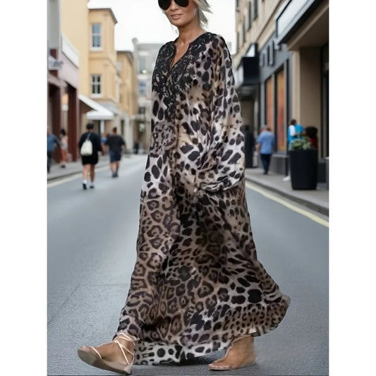 Sexy Leopard Dress Women - Puff Sleeve V-Neck Bodycon Party Dress with Beach Flare Hem for Club & Spring Summer Outings