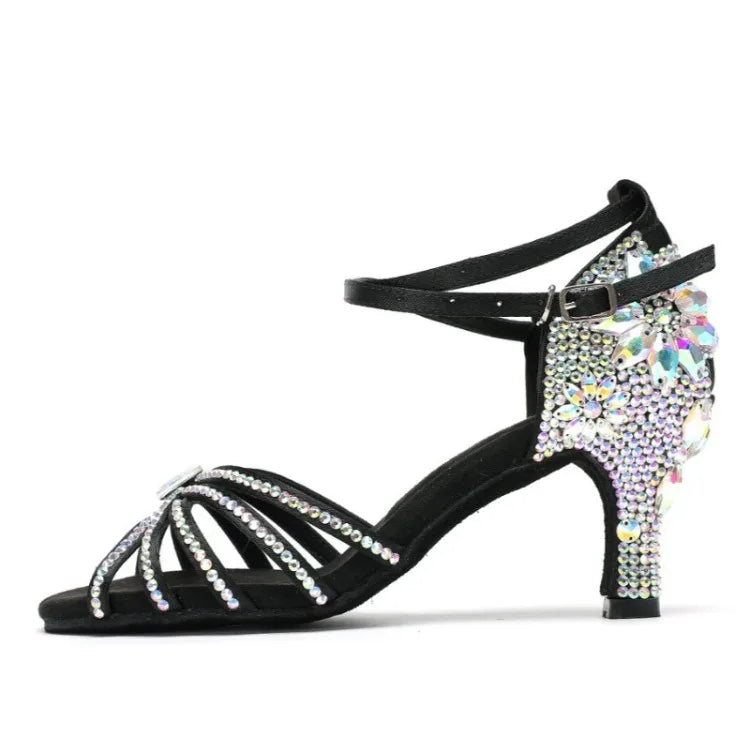 New Diamond Studded Satin High Heels Dance Shoes Fashion Black Brown Crystal Rhinestone Sparkling Latin Dance Performance Shoes