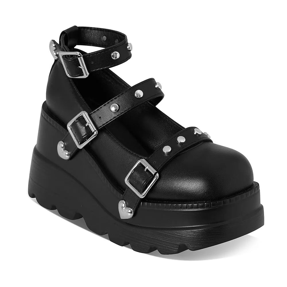 GIGIFOX Women Platform Mary Janes Pumps Buckle Strap High Wedges Heel Shallow Round Toe Shoes Punk Sweet Dress Party Girls Pumps