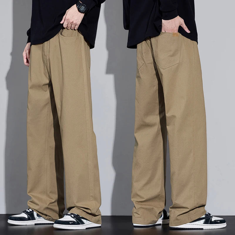 100% Cotton Men's Baggy Wide-leg Pants Soft Breathable Loose Straight Casual Trousers Spring Autumn Fashion Korean Streetwear