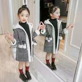 Fashion Girls clothing Jackets Autumn Winter parka Clothes Medium Long coat windbreaker Plaid Thicken Lamb Children Woolen Coats