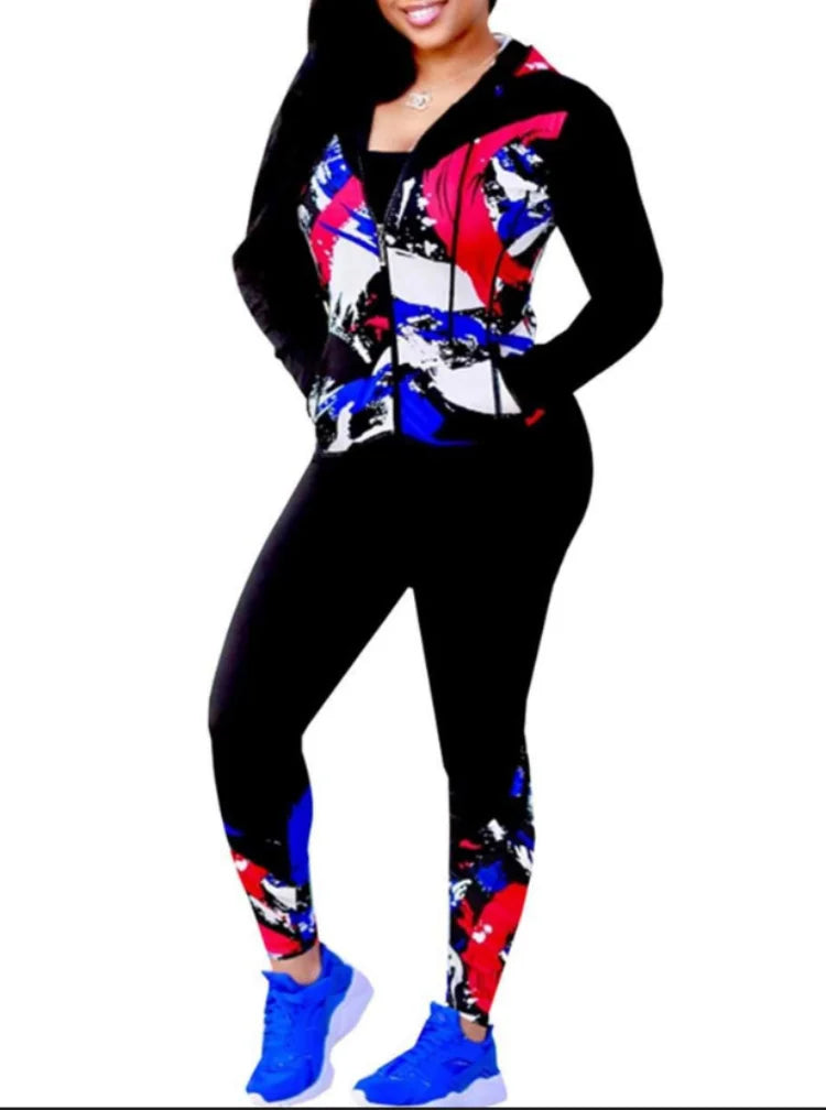 casual 2 piece outfit for women digital print long sleeve jacket and pants set