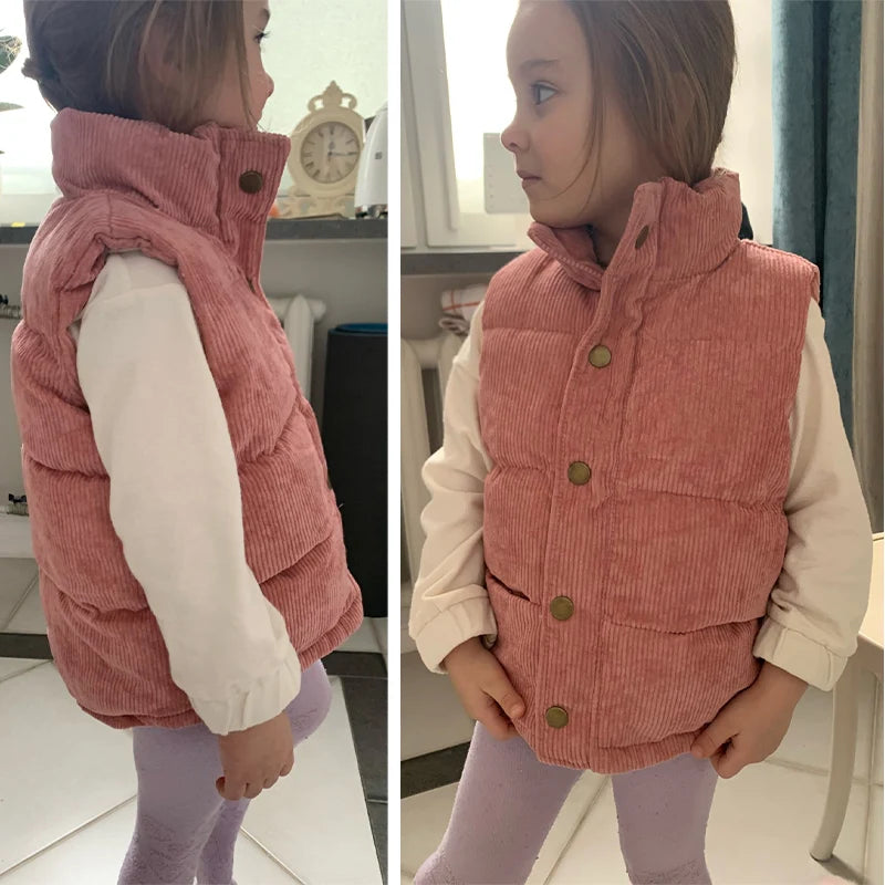 Autumn Winter Boys Girls Cotton Vest Jacket Solid Thick Corduroy Waistcoat For 2-10 Years Kids Birthday Present Child Outwear