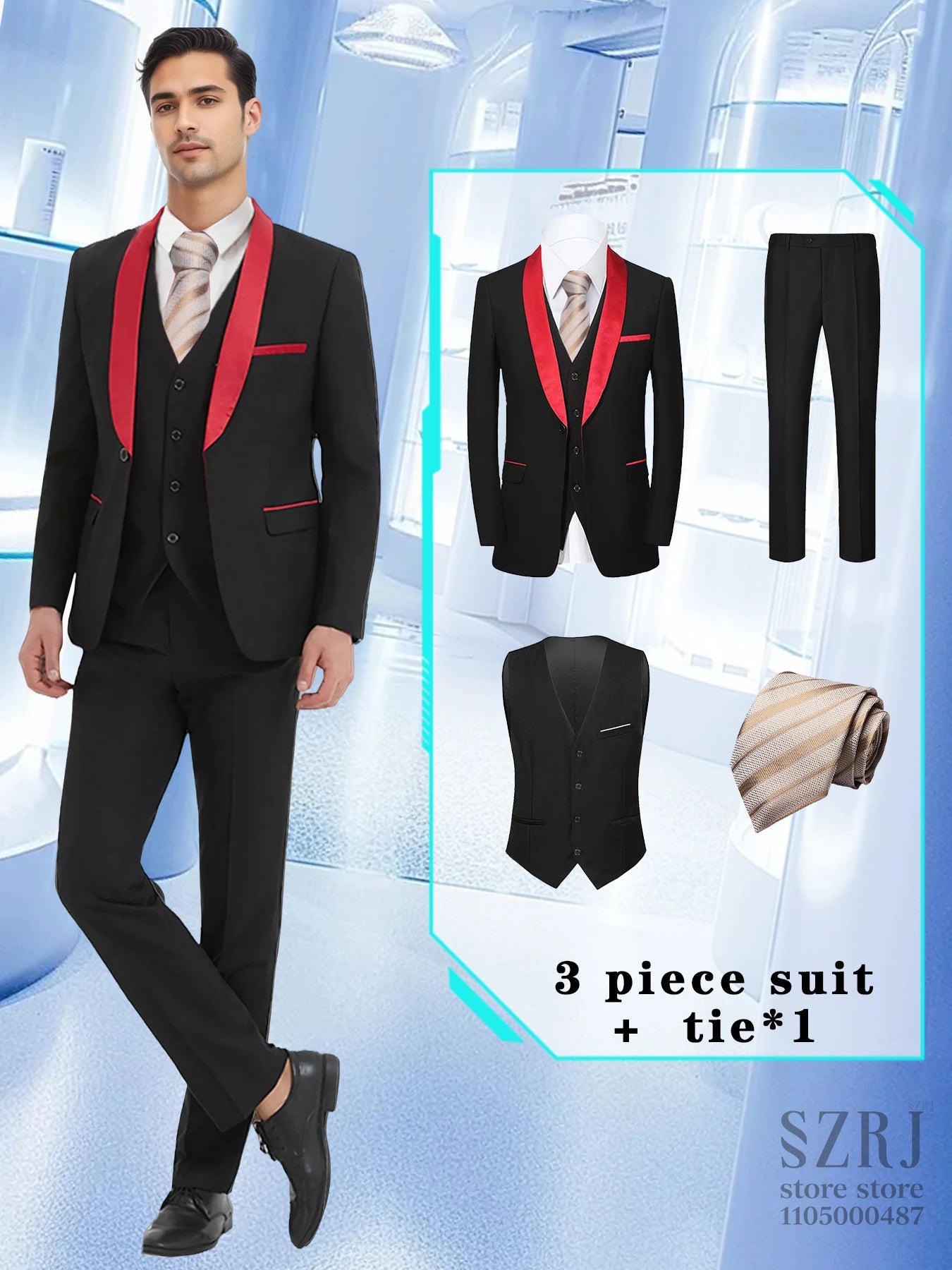 4-Piece Men's Suit: Jacket, Pants, Vest & Gold Tie. Fashionable, Concise, Multifunctional. For Business, Banquets, Weddings.