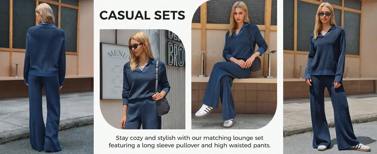 Fisoew Striped Knit Sweater 2 Piece Set | Fall Winter Oversized Loungewear Matching Outfit | Cozy Street Style Casual Tracksuit