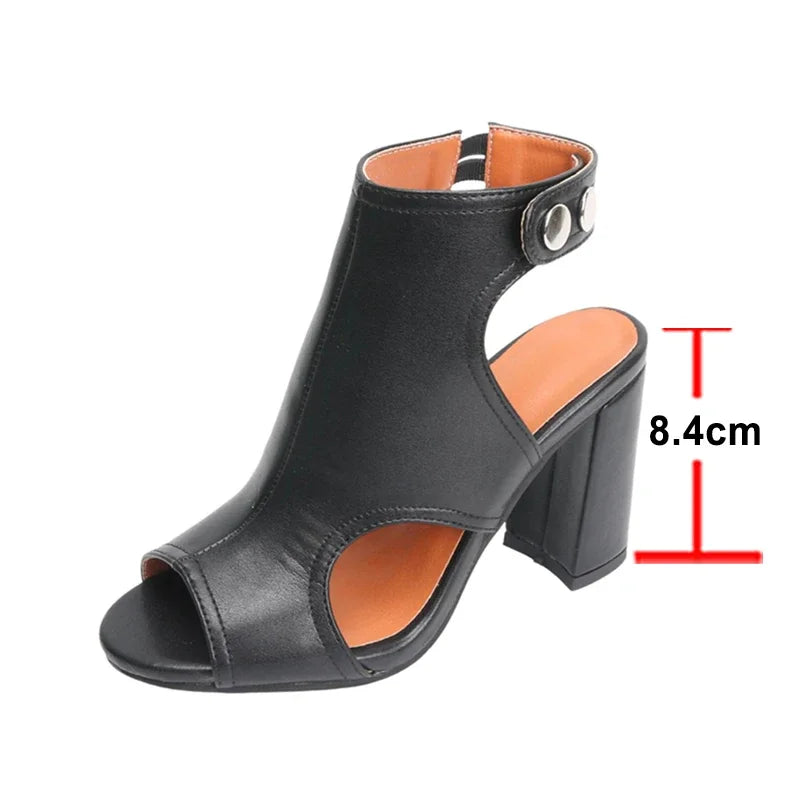 Meotina Women Ankle Strap Sandals Peep Toe Chunky High Heels Sexy Brand Design Ladies Fashion Shoes Summer Brown White Black 46