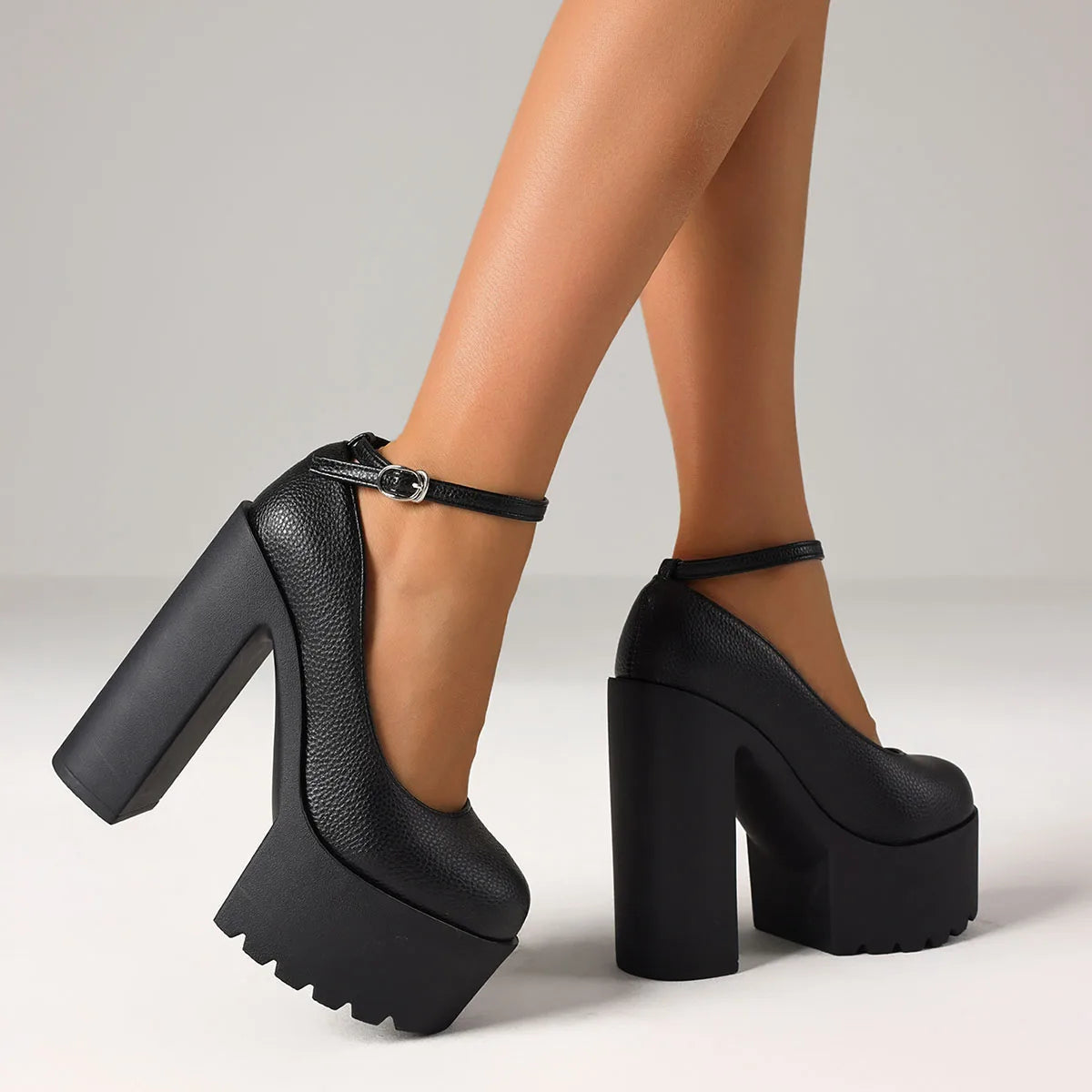 Elegant Women Chunky High Heel Pumps Round Toe Ankle Strap Platform Office Lady Dress Luxury Fashion Comfy Shoes