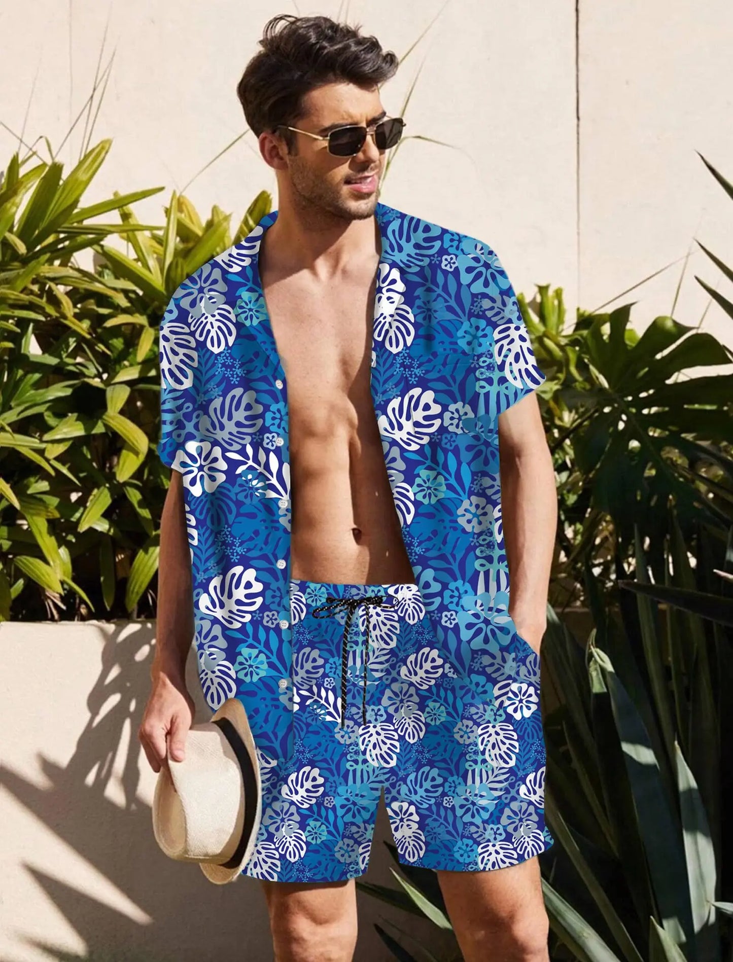 KYKU Mens Hawaiian Shirt and Short Set - Summer Short Sleeve Button Down Beach Shirts Tropical Vacation 2 Piece Outfits